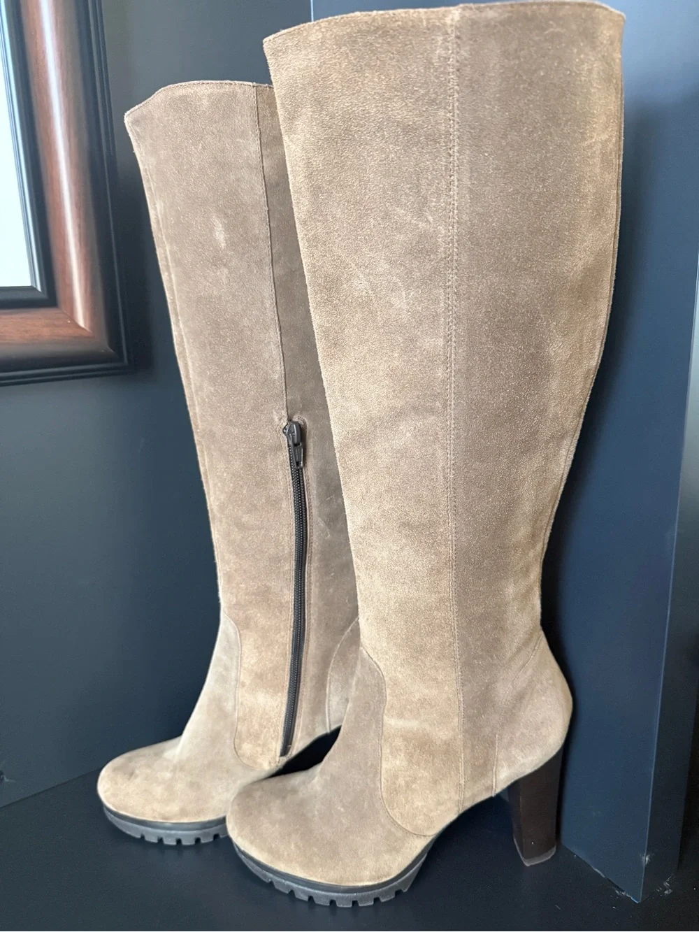 Jigsaw Suede Knee High Boots EU 36 Khaki Taupe Lug Sole High Heel